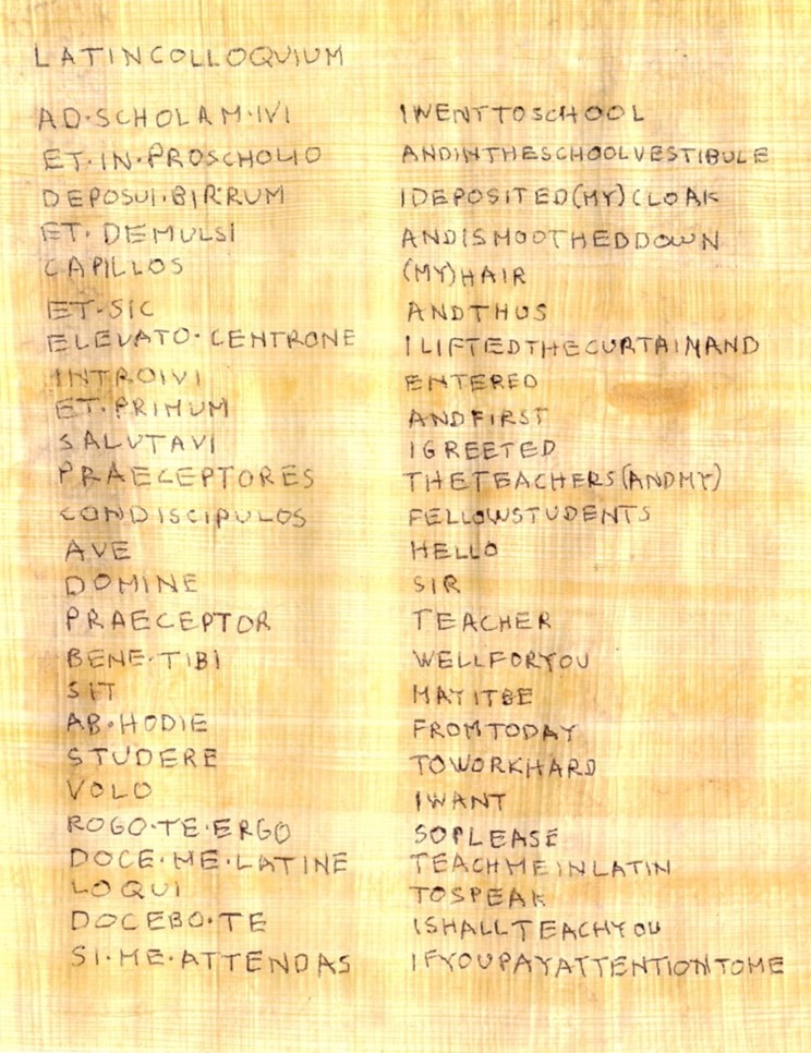 Two columns of handwritten text, the left one in Latin, the right in English.