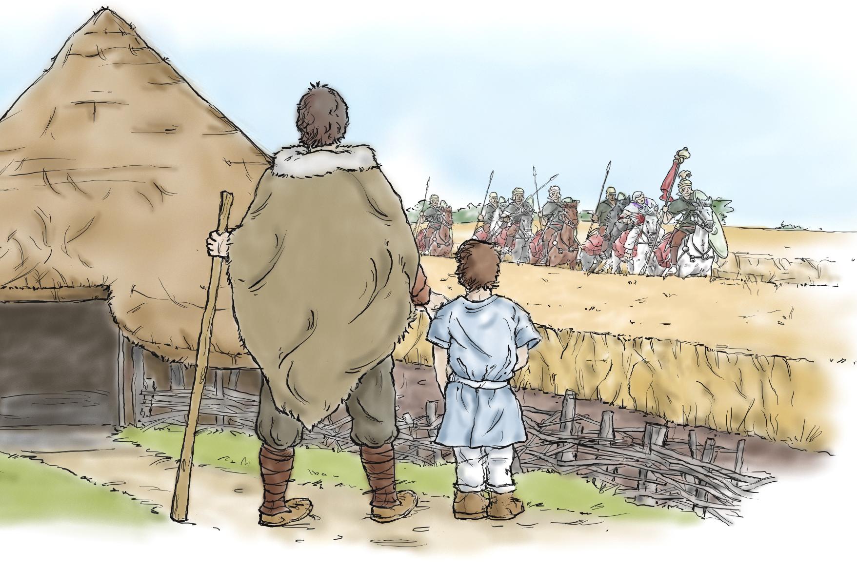 An illustration from Stage 13 of the new UK 5th Edition of Book II. The image shows a father and son watching Salvius arrive with Roman troops on horseback.