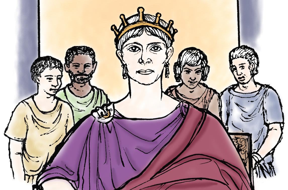 An illustration from Stage 15 of the new UK 5th Edition of Book II. The image shows Queen Catia sitting on her throne, with four other figures standing behind.