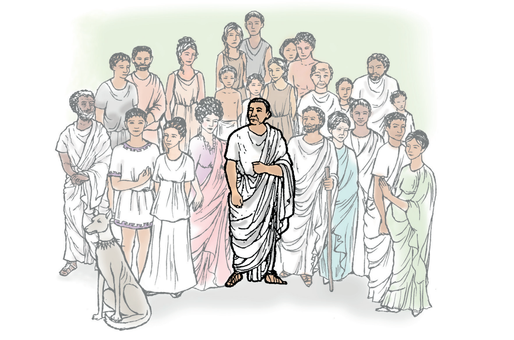 A drawing of the characters in the Cambridge Latin Course, which appears on the opening page of Stage 1. In it we see Caecilius at the centre surrounded by his immediate family. Barbillus, a new addition to Book I, can be seen on the far left of the group