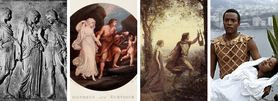 Four depictions of Orpheus and Eurydice: a relief, an engraving, a painting and a still from a film.
