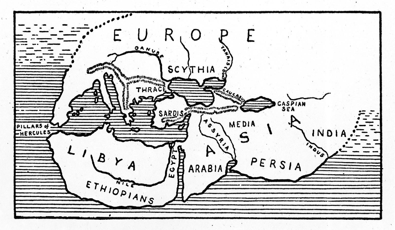Line drawing map of the world according to Herodotus
