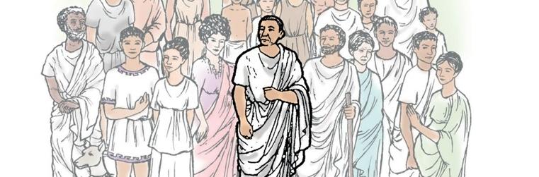 An illustration from Stage 1, Book 1, of the new edition of the CLC, showing all the characters gathered in a group, with Caecilius in the centre.
