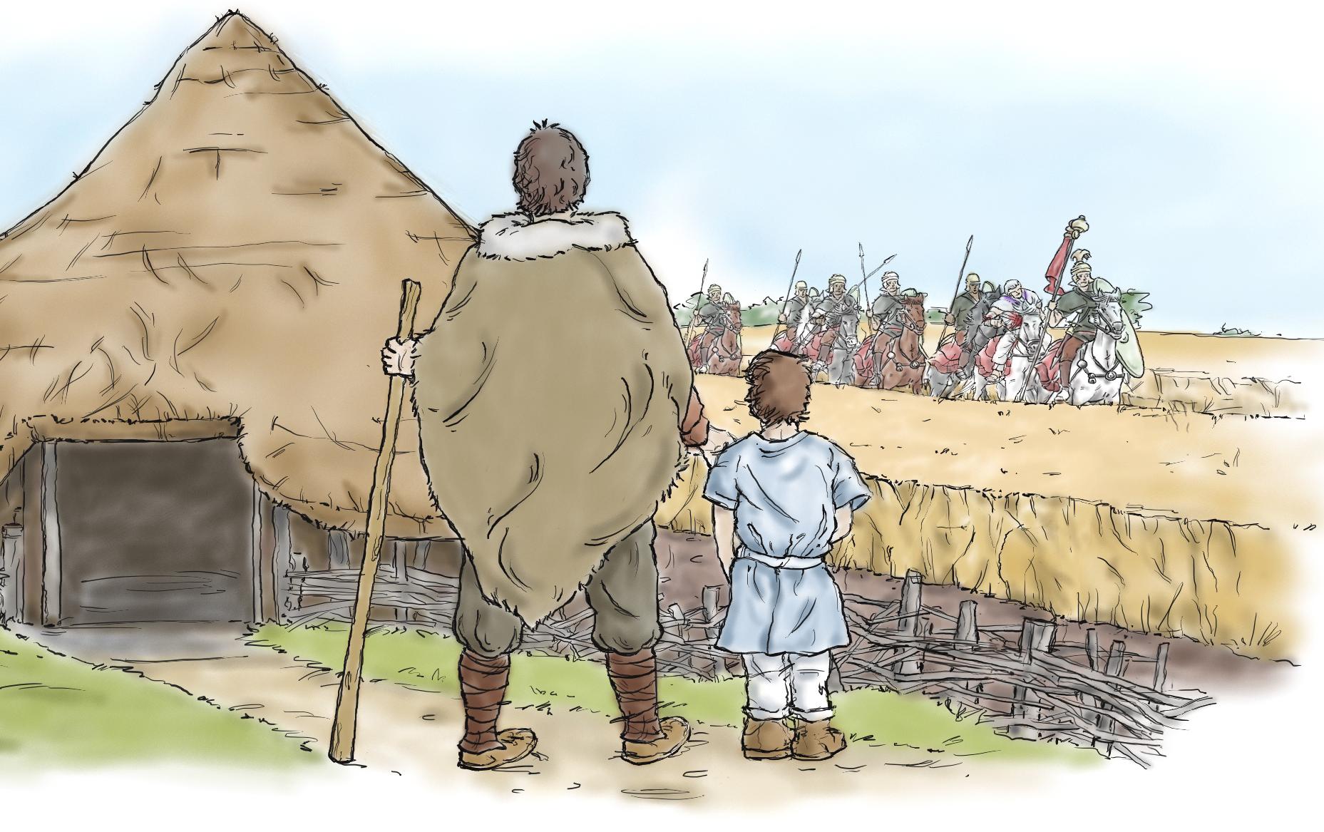 An illustration from Stage 13 of the new UK 5th Edition of Book II. The image shows a father and son watching Salvius arrive with Roman troops on horseback.