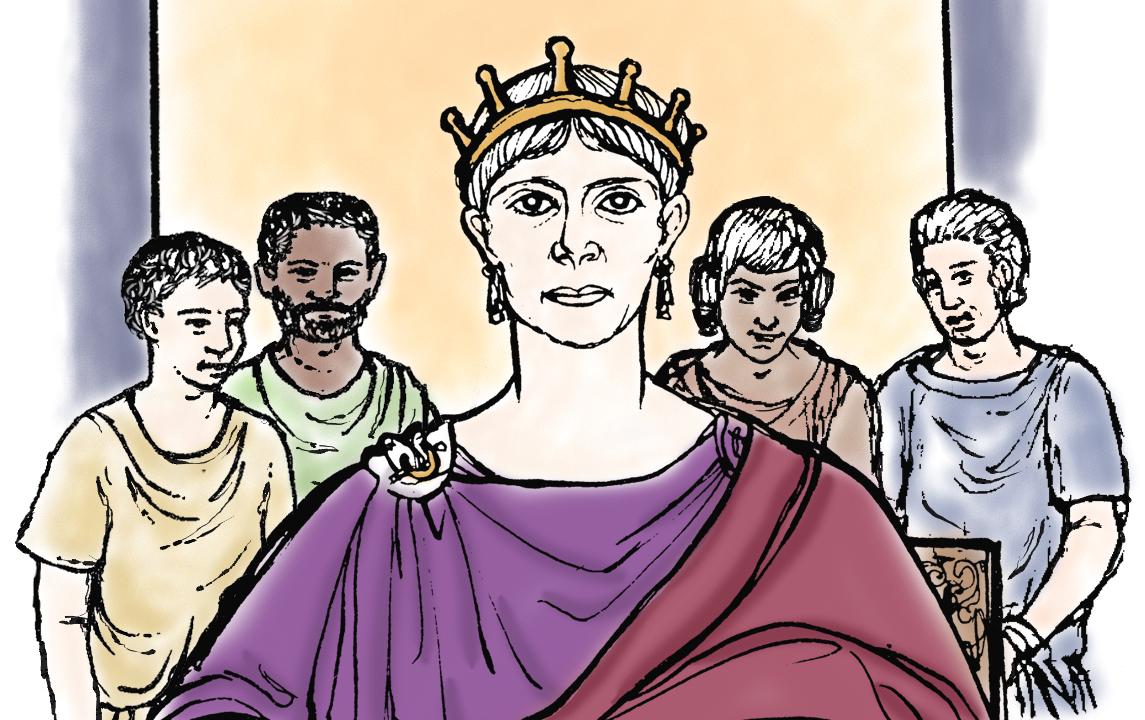 An illustration from Stage 15 of the new UK 5th Edition of Book II. The image shows Queen Catia sitting on her throne, with four other figures standing behind.