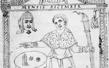 A drawing from the "Chronography of 354" showing a personification of the month of December. Saturnalian dice and a mask are on the table in front of him. 