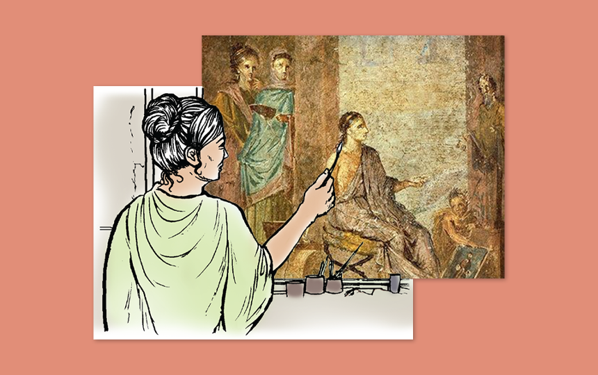 A composite image comprised of an illustration of the painter Clara from the Cambridge Latin Course holding a paintbrush, a Pompeian wall painting of a female artist, and a pastel orange background.
