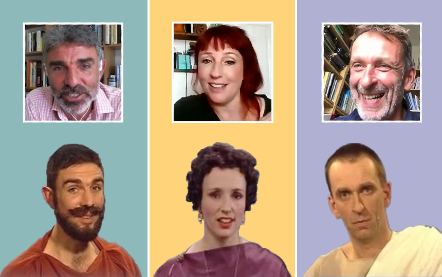 An image in three coloured sections, featuring characters from the Cambridge Latin Course DVD: Grumio on the left, Metella in the middle, Caecilius on the right. In each section there is an inset box showing the actor who played each character.
