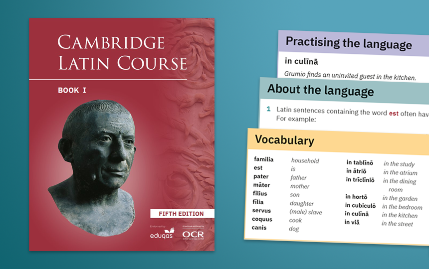 A montage of images, including the cover of Book 1, Cerberus, and a selection of Practising the Language, About the Language and Vocabulary Sections 