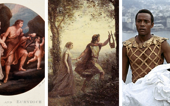 Four depictions of Orpheus and Eurydice: a relief, an engraving, a painting and a still from a film.