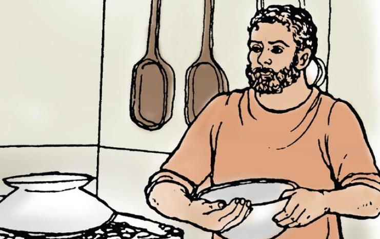 An illustration from Book I of the Cambridge Latin Course showing Grumio in the kitchen