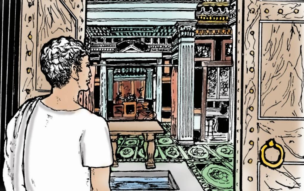 An illustration from Book II of the Cambridge Latin Course showing Quintus entering the atrium of Barbillus' house in Alexandria.