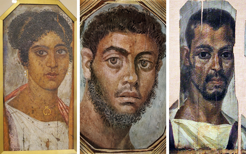 A montage of three of the Fayum mummy portraits, depicting a finely-dressed woman, a bearded man and a man in a tunic with purple stripes.